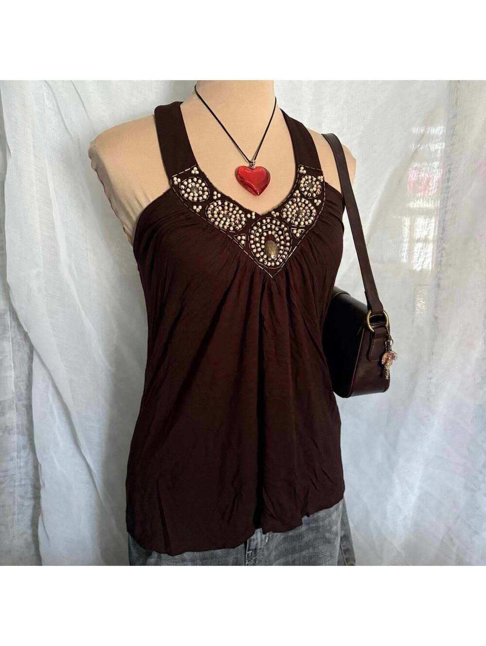 vintage y2k bohemian brown beaded halter top